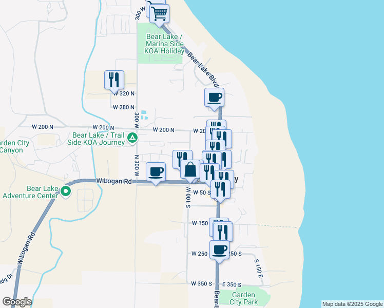 map of restaurants, bars, coffee shops, grocery stores, and more near 129 North 100 West Street in Garden City