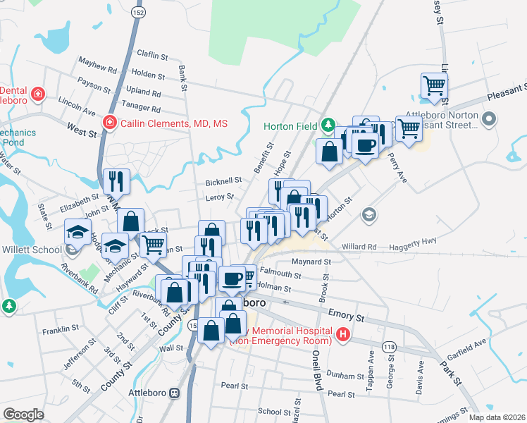 map of restaurants, bars, coffee shops, grocery stores, and more near 15 Hope Street in Attleboro