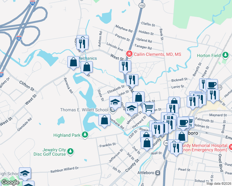 map of restaurants, bars, coffee shops, grocery stores, and more near 12 Water Street in Attleboro