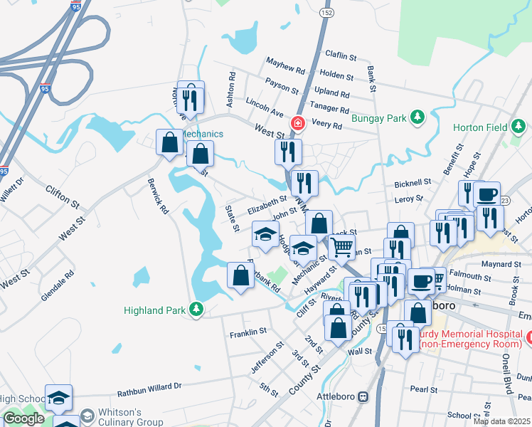 map of restaurants, bars, coffee shops, grocery stores, and more near 12 Water Street in Attleboro