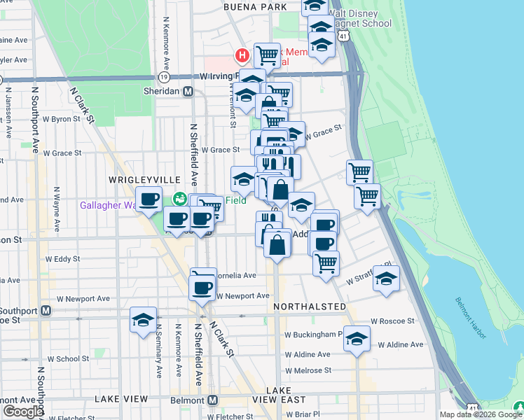 map of restaurants, bars, coffee shops, grocery stores, and more near 842 West Waveland Avenue in Chicago