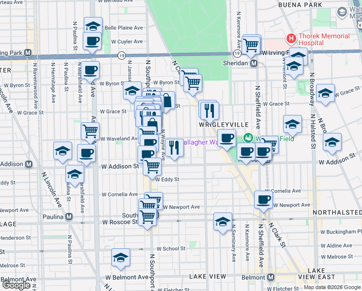 map of restaurants, bars, coffee shops, grocery stores, and more near 1250 West Waveland Avenue in Chicago