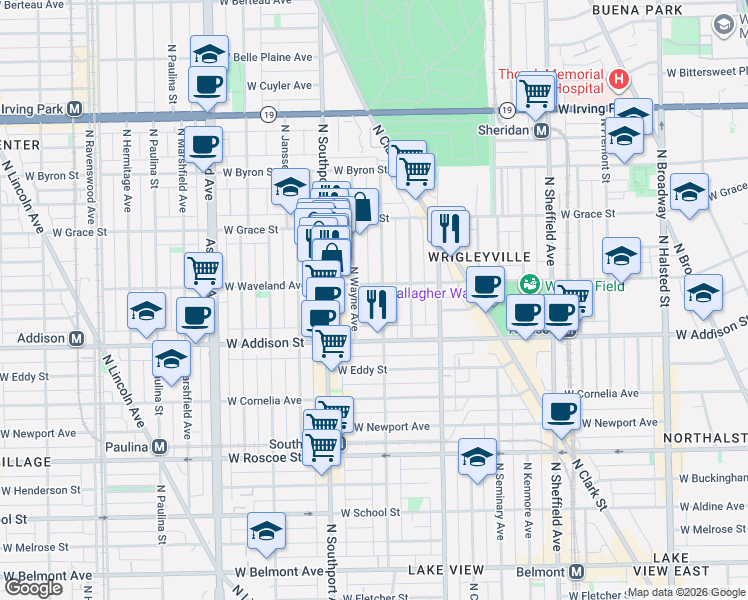 map of restaurants, bars, coffee shops, grocery stores, and more near 1250 West Waveland Avenue in Chicago