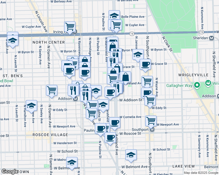 map of restaurants, bars, coffee shops, grocery stores, and more near 3704 North Marshfield Avenue in Chicago