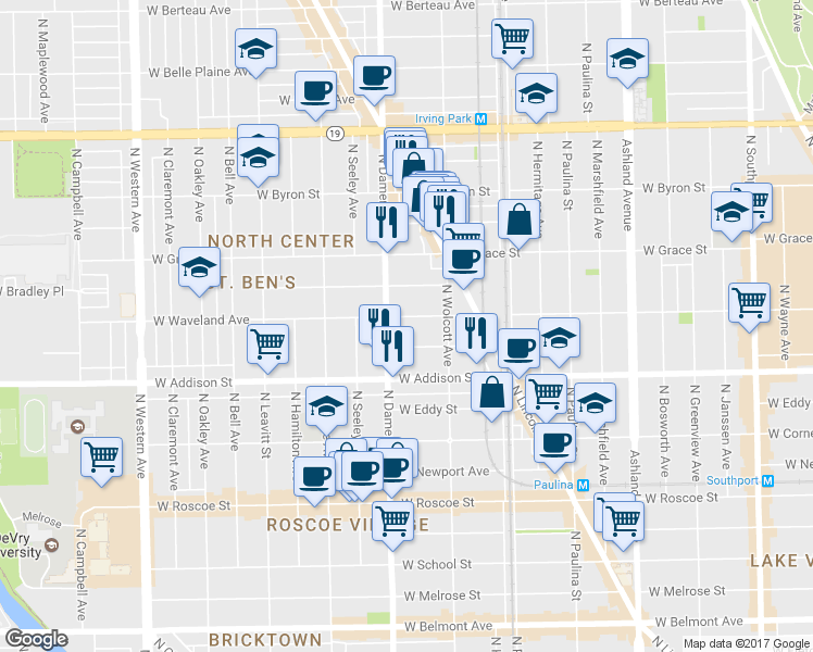 map of restaurants, bars, coffee shops, grocery stores, and more near 1942 West Waveland Avenue in Chicago