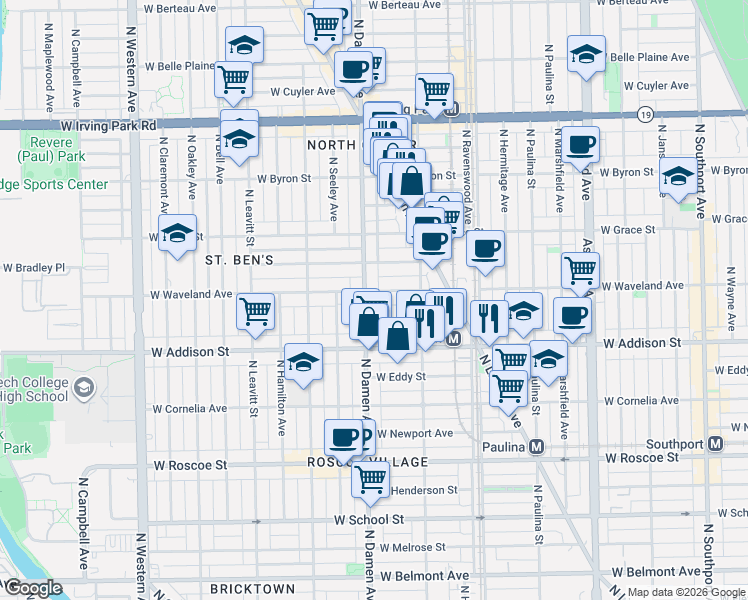 map of restaurants, bars, coffee shops, grocery stores, and more near 1942 West Waveland Avenue in Chicago