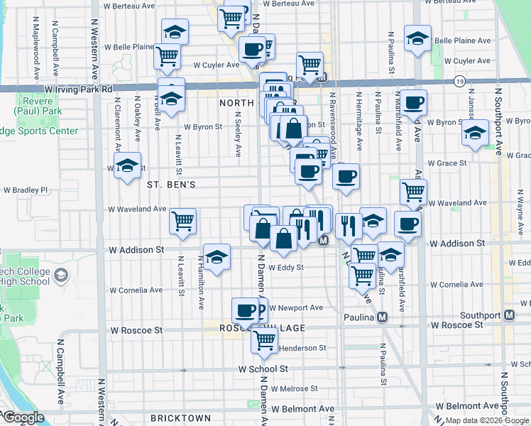 map of restaurants, bars, coffee shops, grocery stores, and more near 1942 West Waveland Avenue in Chicago
