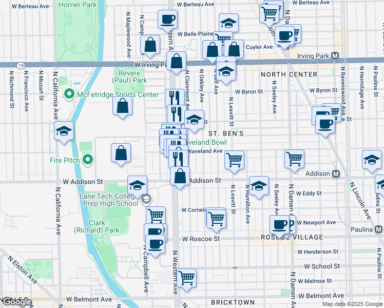 map of restaurants, bars, coffee shops, grocery stores, and more near 3710 North Claremont Avenue in Chicago