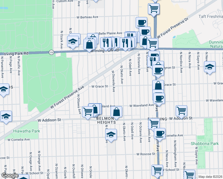 map of restaurants, bars, coffee shops, grocery stores, and more near 3805 North Osceola Avenue in Chicago