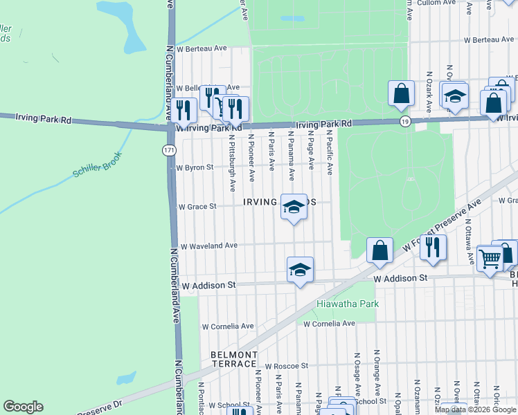 map of restaurants, bars, coffee shops, grocery stores, and more near 3812 North Paris Avenue in Chicago