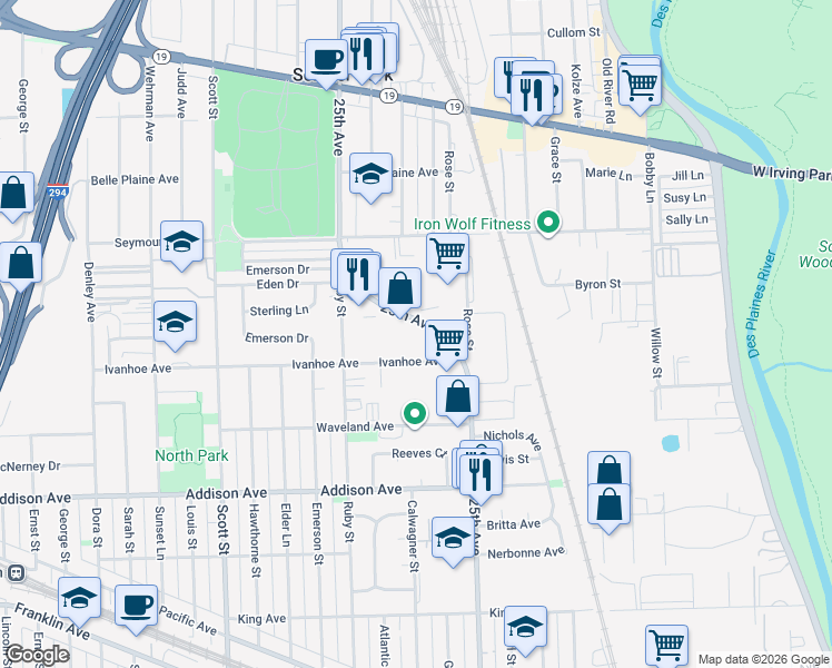 map of restaurants, bars, coffee shops, grocery stores, and more near 3860 25th Avenue in Schiller Park