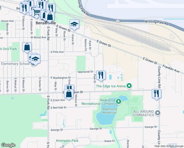 map of restaurants, bars, coffee shops, grocery stores, and more near 359 Park Street in Bensenville