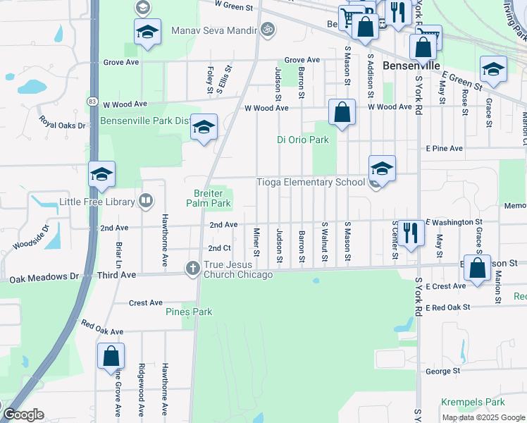 map of restaurants, bars, coffee shops, grocery stores, and more near 310 Miner Street in Bensenville