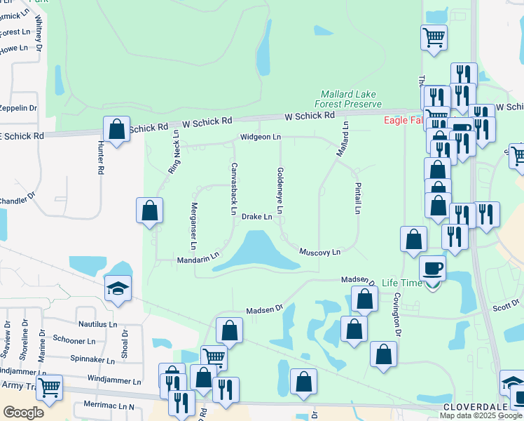 map of restaurants, bars, coffee shops, grocery stores, and more near 509 Drake Lane in Bloomingdale