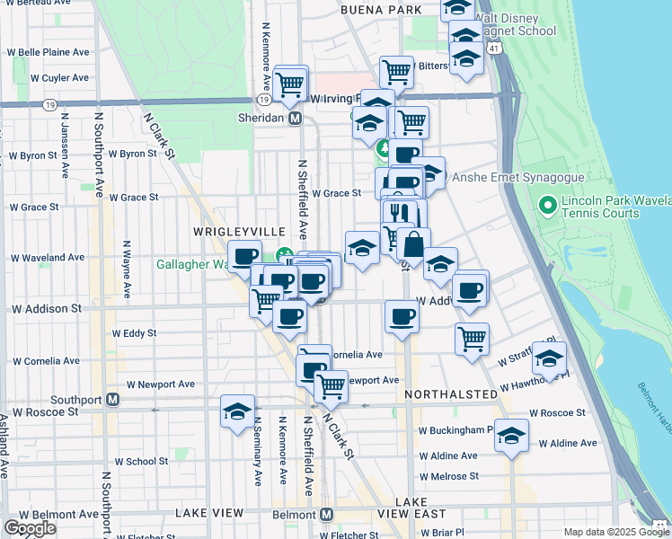 map of restaurants, bars, coffee shops, grocery stores, and more near 3639 North Wilton Avenue in Chicago