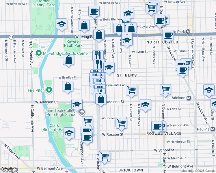 map of restaurants, bars, coffee shops, grocery stores, and more near 3710 North Claremont Avenue in Chicago
