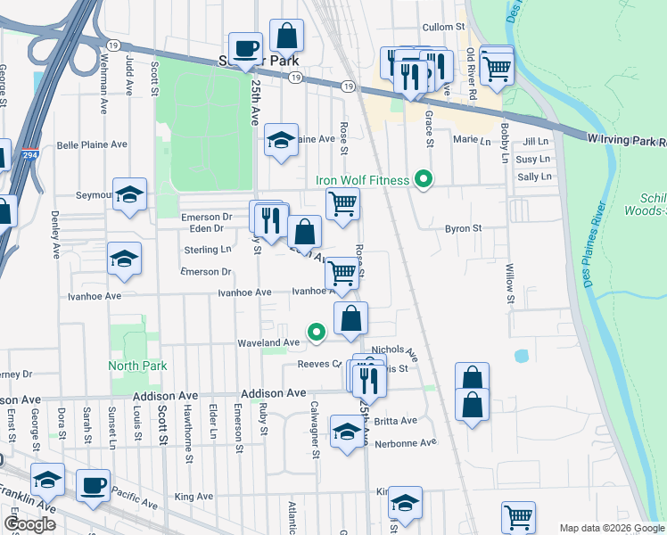 map of restaurants, bars, coffee shops, grocery stores, and more near 3801 25th Avenue in Schiller Park