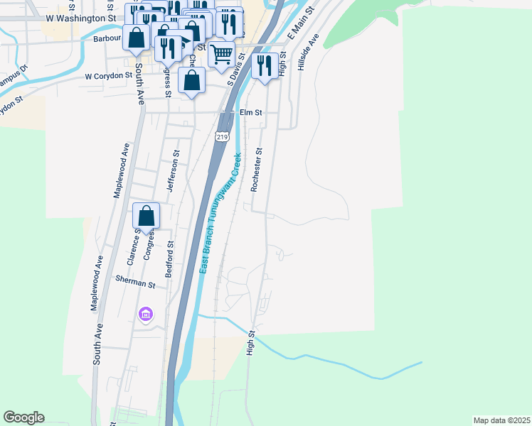 map of restaurants, bars, coffee shops, grocery stores, and more near 221 High Street in Bradford
