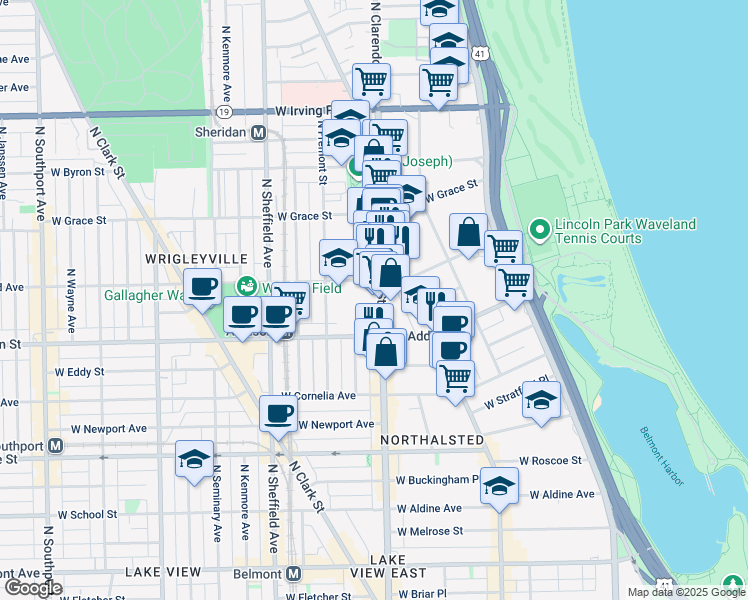 map of restaurants, bars, coffee shops, grocery stores, and more near 3640 North Halsted Street in Chicago