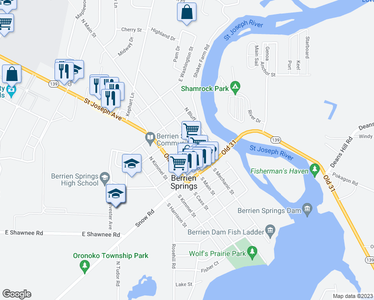 map of restaurants, bars, coffee shops, grocery stores, and more near 210 North Main Street in Berrien Springs