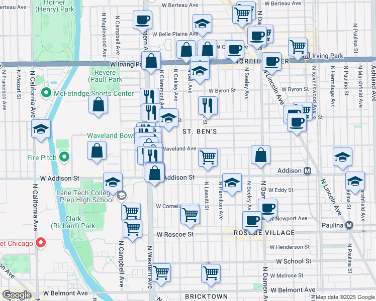 map of restaurants, bars, coffee shops, grocery stores, and more near 2235 West Waveland Avenue in Chicago