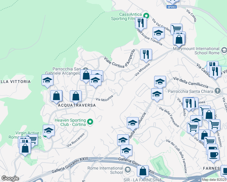 map of restaurants, bars, coffee shops, grocery stores, and more near 97 Via Misurina in Roma