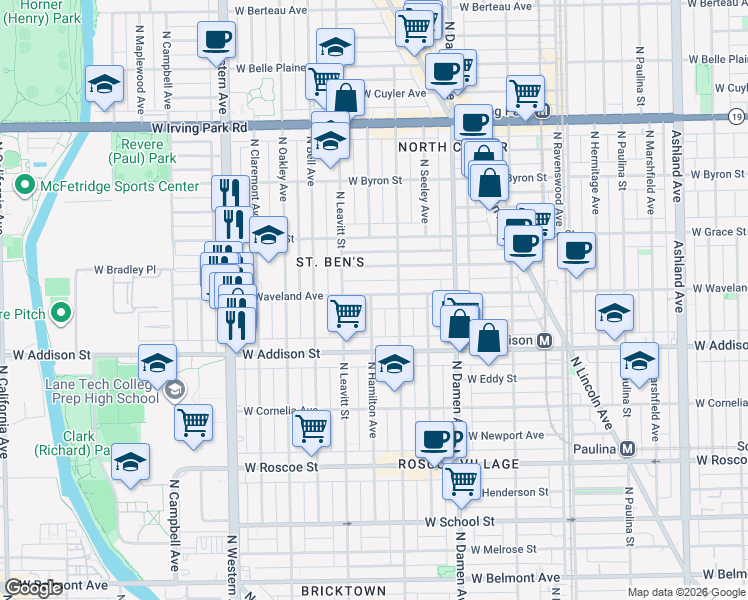 map of restaurants, bars, coffee shops, grocery stores, and more near 2125 West Waveland Avenue in Chicago