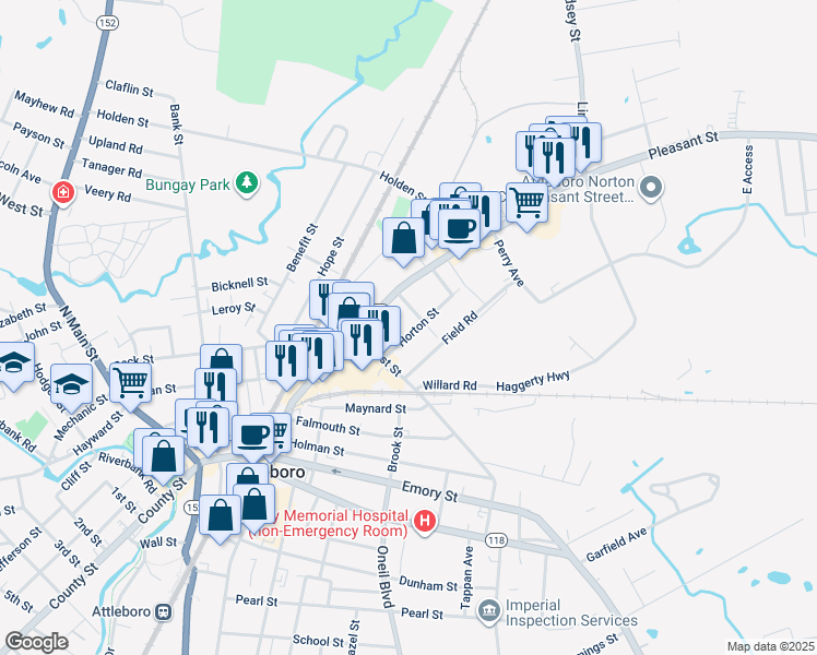map of restaurants, bars, coffee shops, grocery stores, and more near 12 Gustin Avenue in Attleboro