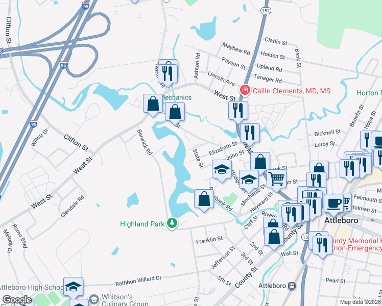 map of restaurants, bars, coffee shops, grocery stores, and more near 23 Milk Street in Attleboro