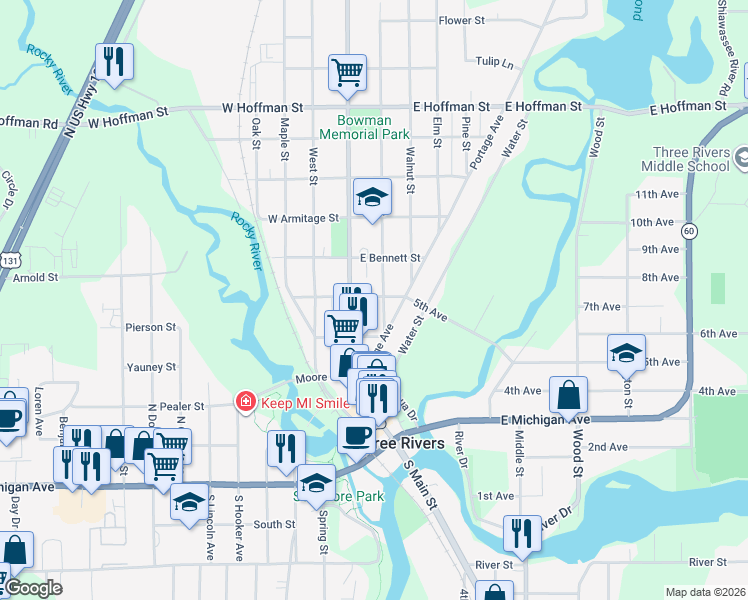 map of restaurants, bars, coffee shops, grocery stores, and more near 306 East Street in Three Rivers