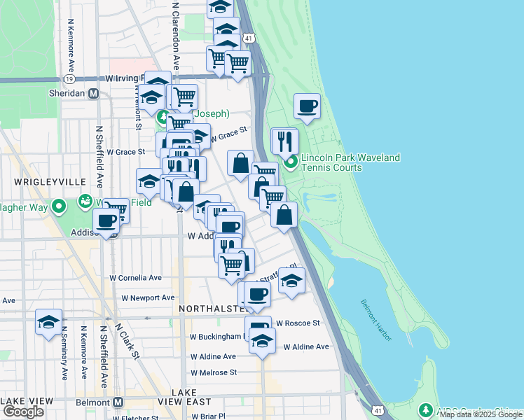 map of restaurants, bars, coffee shops, grocery stores, and more near 520 West Addison Street in Chicago