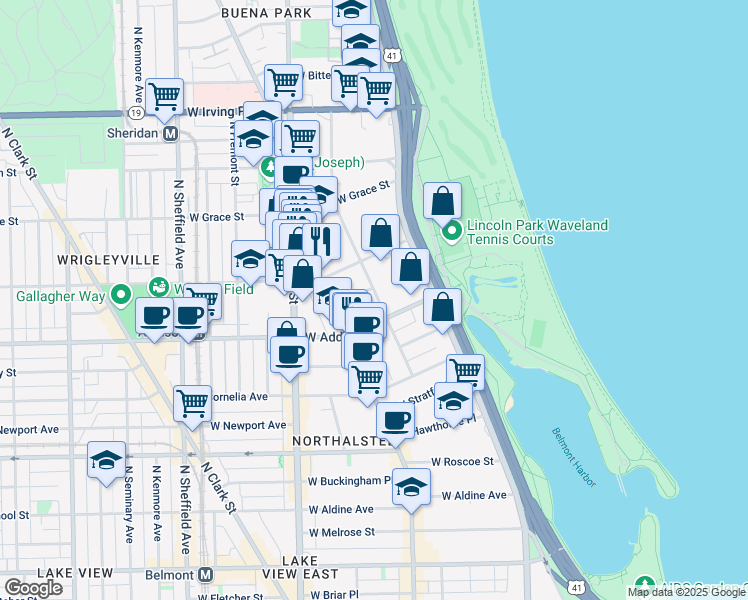 map of restaurants, bars, coffee shops, grocery stores, and more near 604 West Patterson Avenue in Chicago