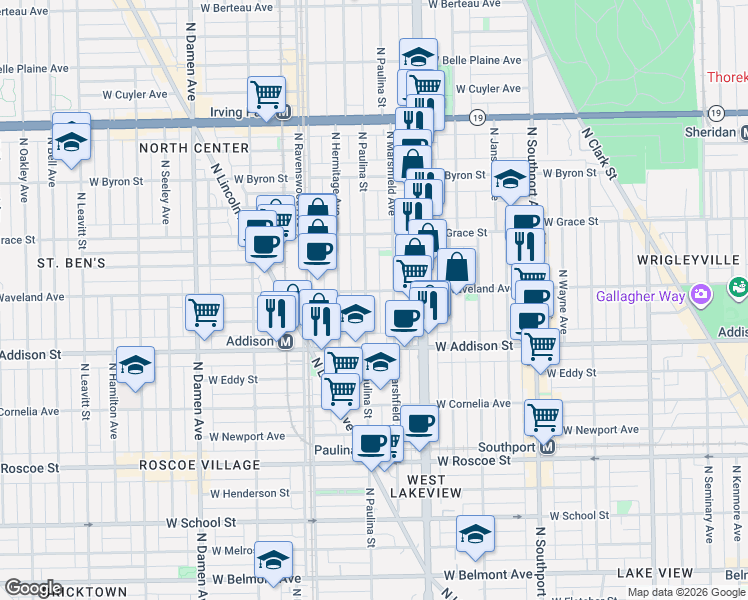 map of restaurants, bars, coffee shops, grocery stores, and more near 3704 North Marshfield Avenue in Chicago