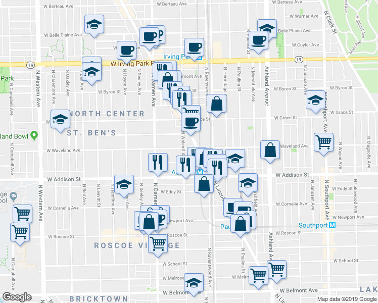 map of restaurants, bars, coffee shops, grocery stores, and more near 3705 North Lincoln Avenue in Chicago