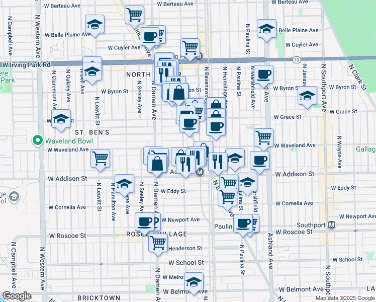map of restaurants, bars, coffee shops, grocery stores, and more near 1900 West Waveland Avenue in Chicago