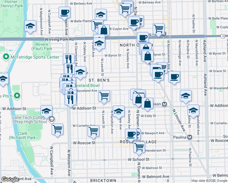 map of restaurants, bars, coffee shops, grocery stores, and more near 2136 West Waveland Avenue in Chicago