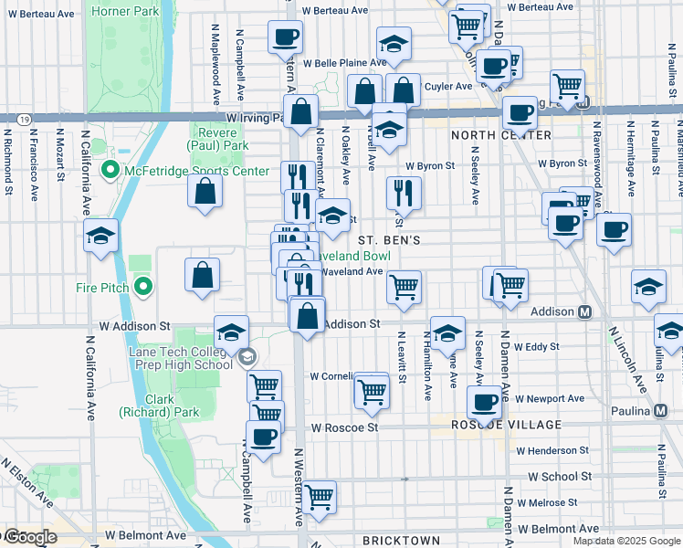 map of restaurants, bars, coffee shops, grocery stores, and more near 3711 North Oakley Avenue in Chicago