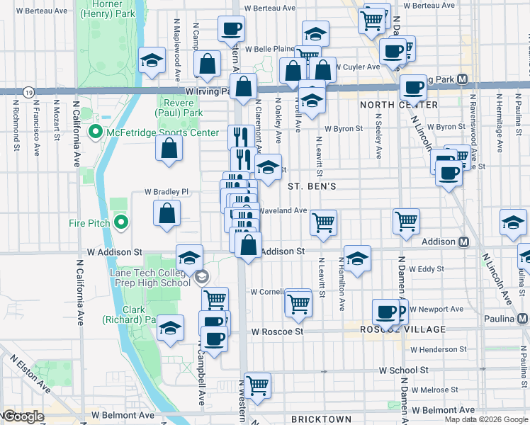 map of restaurants, bars, coffee shops, grocery stores, and more near 3710 North Claremont Avenue in Chicago
