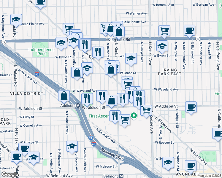 map of restaurants, bars, coffee shops, grocery stores, and more near 3721 North Bernard Street in Chicago