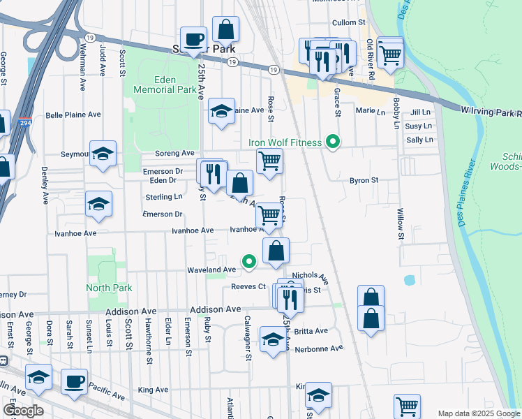 map of restaurants, bars, coffee shops, grocery stores, and more near 3801 25th Avenue in Schiller Park