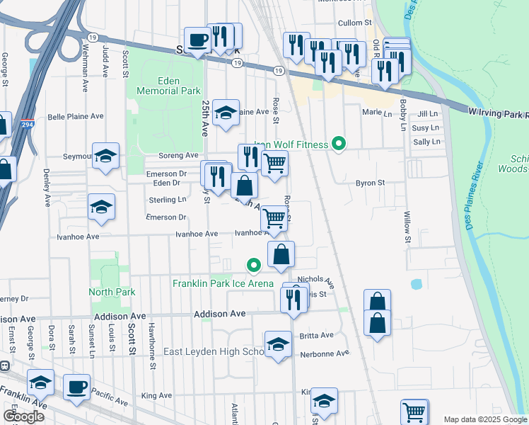 map of restaurants, bars, coffee shops, grocery stores, and more near 3801 25th Avenue in Schiller Park