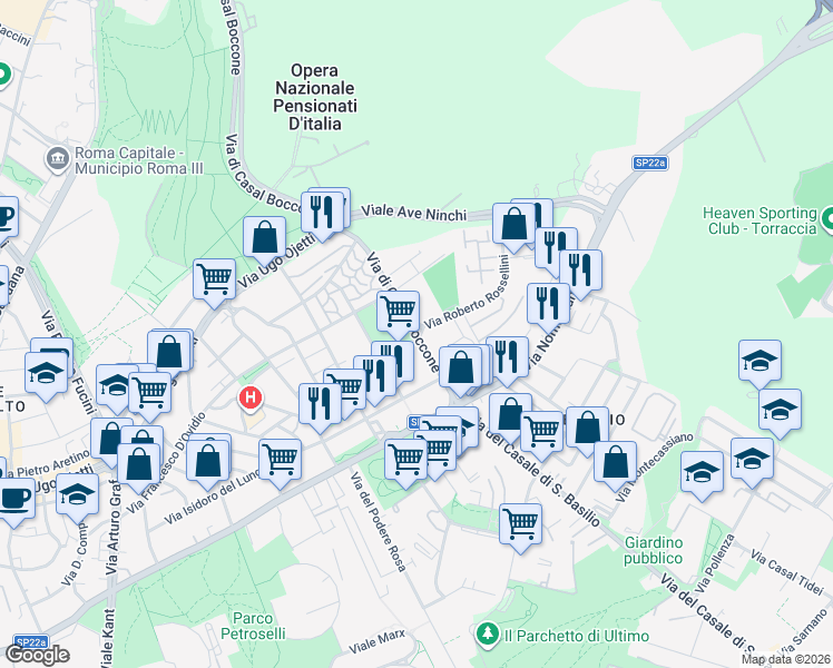 map of restaurants, bars, coffee shops, grocery stores, and more near 81 Via di Casal Boccone in Rome