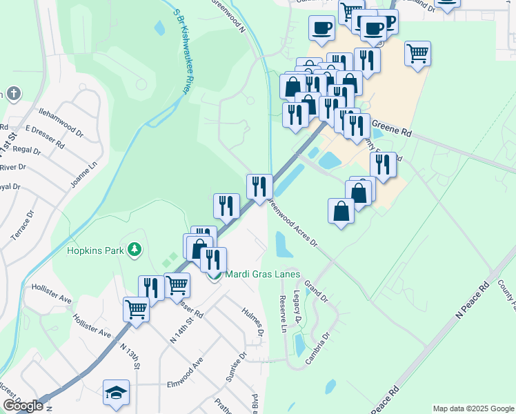 map of restaurants, bars, coffee shops, grocery stores, and more near 2020 Sycamore Rd in DeKalb