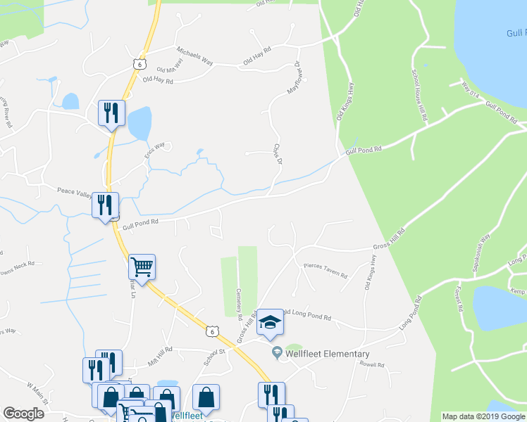 map of restaurants, bars, coffee shops, grocery stores, and more near 250 Gull Pond Road in Wellfleet
