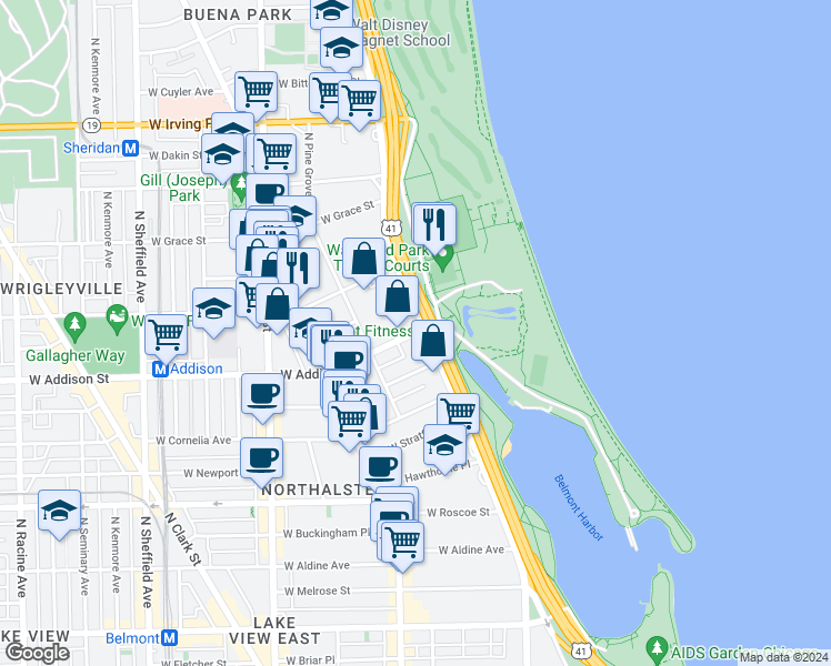 map of restaurants, bars, coffee shops, grocery stores, and more near 510 West Addison Street in Chicago