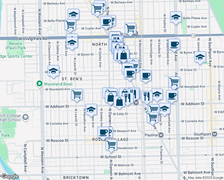 map of restaurants, bars, coffee shops, grocery stores, and more near 1942 West Waveland Avenue in Chicago
