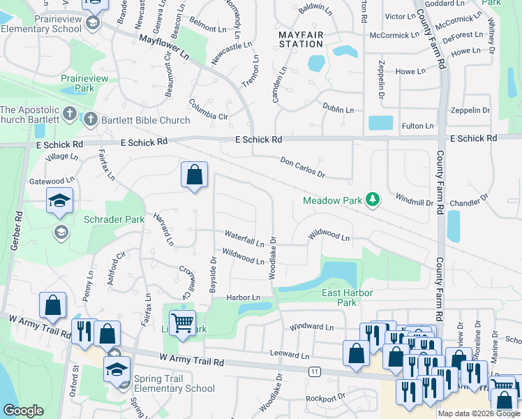 map of restaurants, bars, coffee shops, grocery stores, and more near 4250 Woodlake Drive in Hanover Park