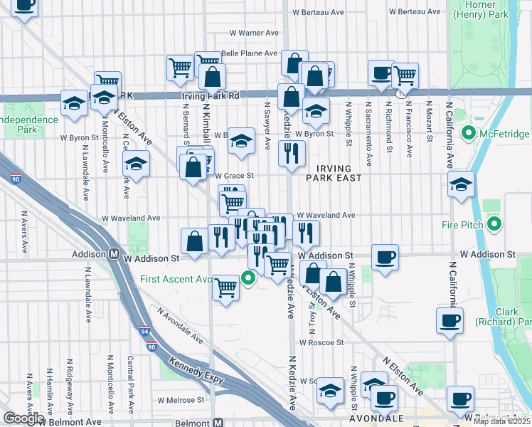 map of restaurants, bars, coffee shops, grocery stores, and more near 3716 North Sawyer Avenue in Chicago