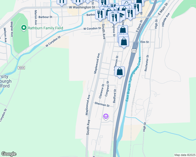 map of restaurants, bars, coffee shops, grocery stores, and more near State Route 4007 in Bradford