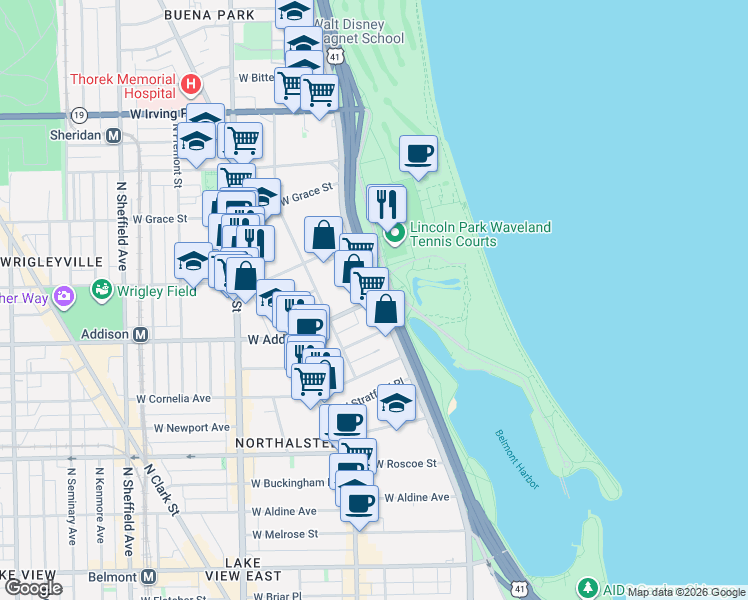 map of restaurants, bars, coffee shops, grocery stores, and more near 510 West Addison Street in Chicago